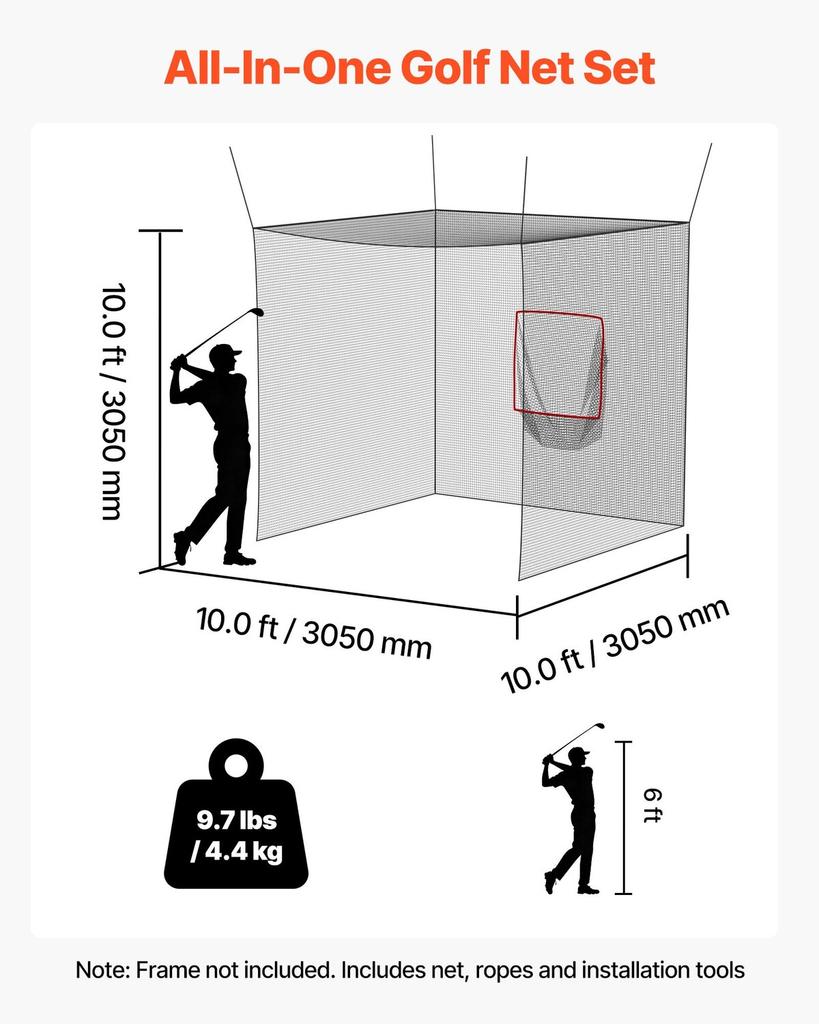 Golf Batting Cage, 3050 X 3050 X 3050mm Golf Cage, Driving Hitting Cages with 3-Ply Knotless Polyester, Golfs Target & 9-Hole Baseball Target, Golfs