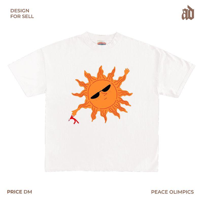 

230G Lightweight Shoulder Style Funny Sun Print T-shirt Creative Pattern Casual All-Matching Tops American Style White XL