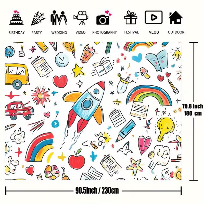 2D Classroom Decoration Backdrop, Hand Drawn Rocket Rainbow & School Items Banner