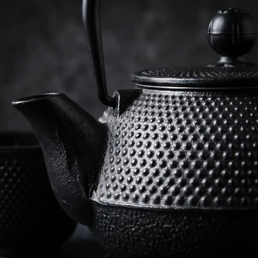 CAST IRON KETTLE 0.8L TEAPOT SET 2x CUPS STAND BLACK