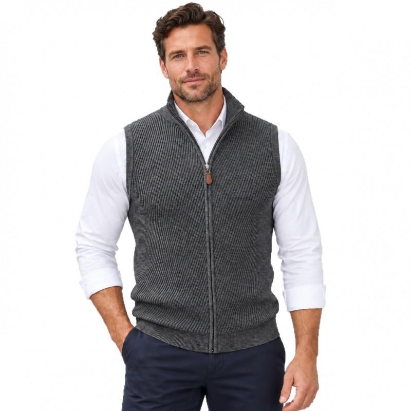Mens Knit Vest Business Stand Collar Full Zip Slim Fit Sleeveless Sweater Winter
