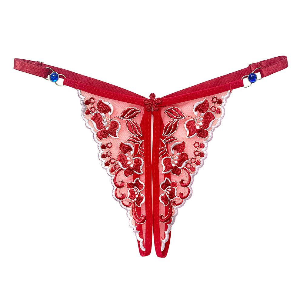 Hot Perspective Embroidered Underwear Female Sexy Flash Diamond Waist Adjustable Fun Open Crotch Mesh Thong Female 2259