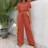 Women's 2 Piece Outfit Short Sleeve Top and High Waist Wide Leg Pants Casual Summer Lounge Set