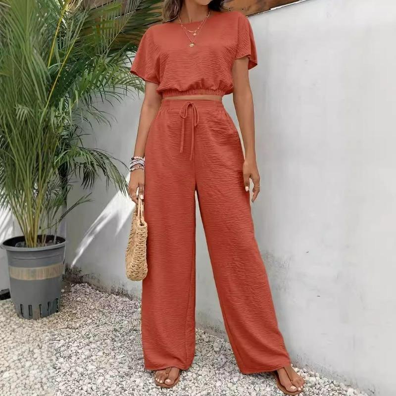 Women's 2 Piece Outfit Short Sleeve Top and High Waist Wide Leg Pants Casual Summer Lounge Set