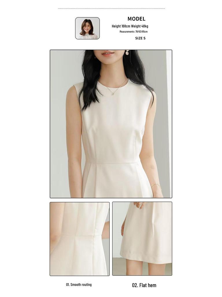 Pure Color Sleeveless A-Line Dress - High-End, Slim Waist, Round Neck Vest Style