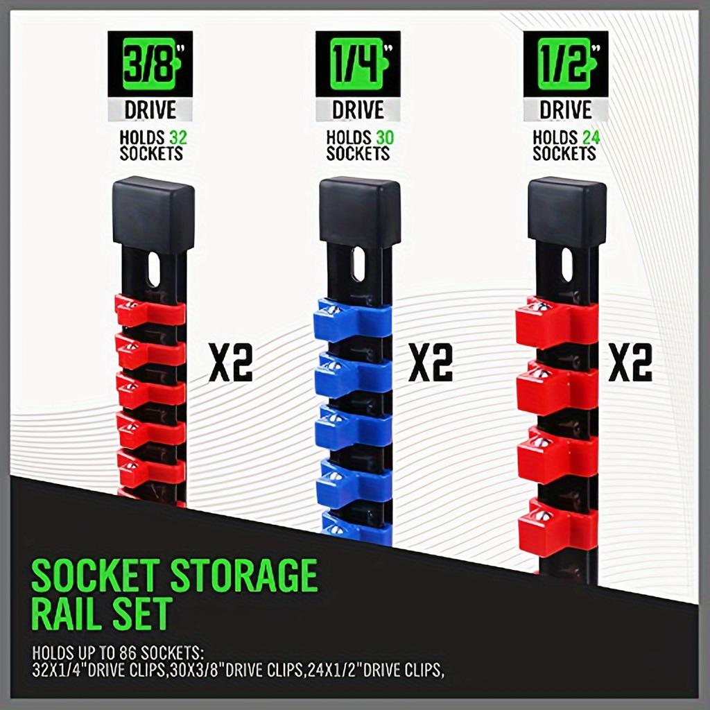 Socket Organizer Drive  6PCS 1/4-Inch X 32 Clips 3/8-Inch X 30 Clips 1/2-Inch X 24 Clips Premium Quality Socket Clip Rail Holder