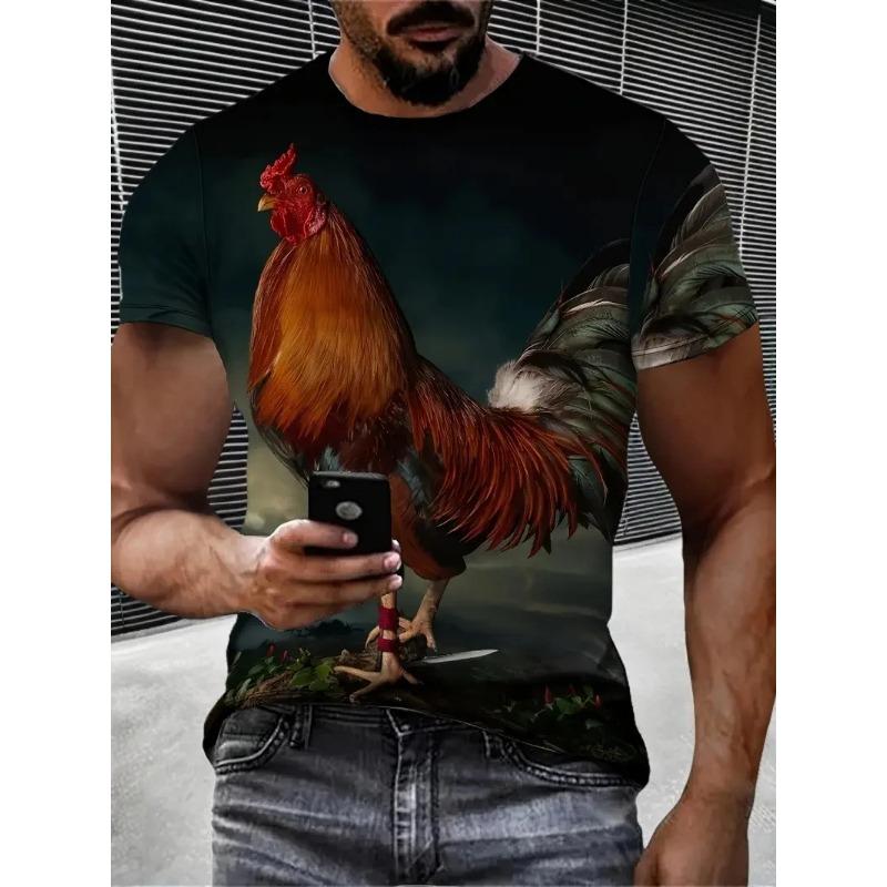 Summer Round Neck Colorful Rooster Graphic 3D Print Top Fashionable Casual Short Sleeved Men's T-shirts