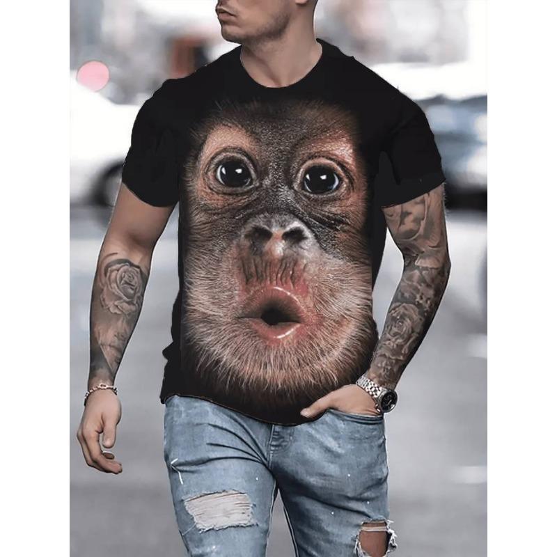 Summer Round Neck 3D Monkey Print Top Fashionable Casual Short Sleeved Men's T-shirts