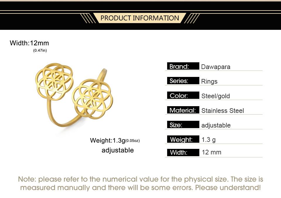 Dawapara Flower of Life Cutout Women Adjustable Ring Mandala Sacred Geometry Yoga Kabbalah Jewelry Stainless Steel