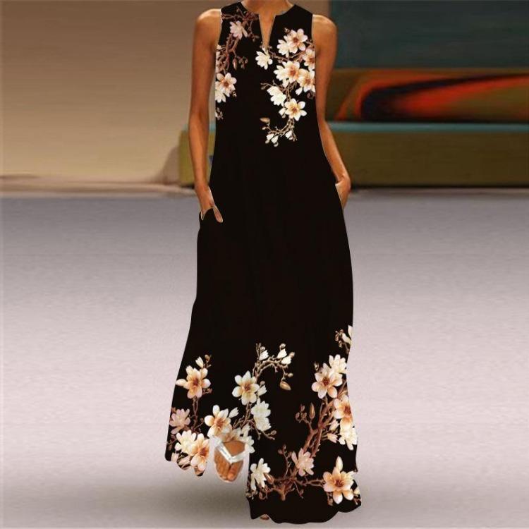 2024 Retro Women Summer Sleeveless V Neck Long Printed Dress Skirt