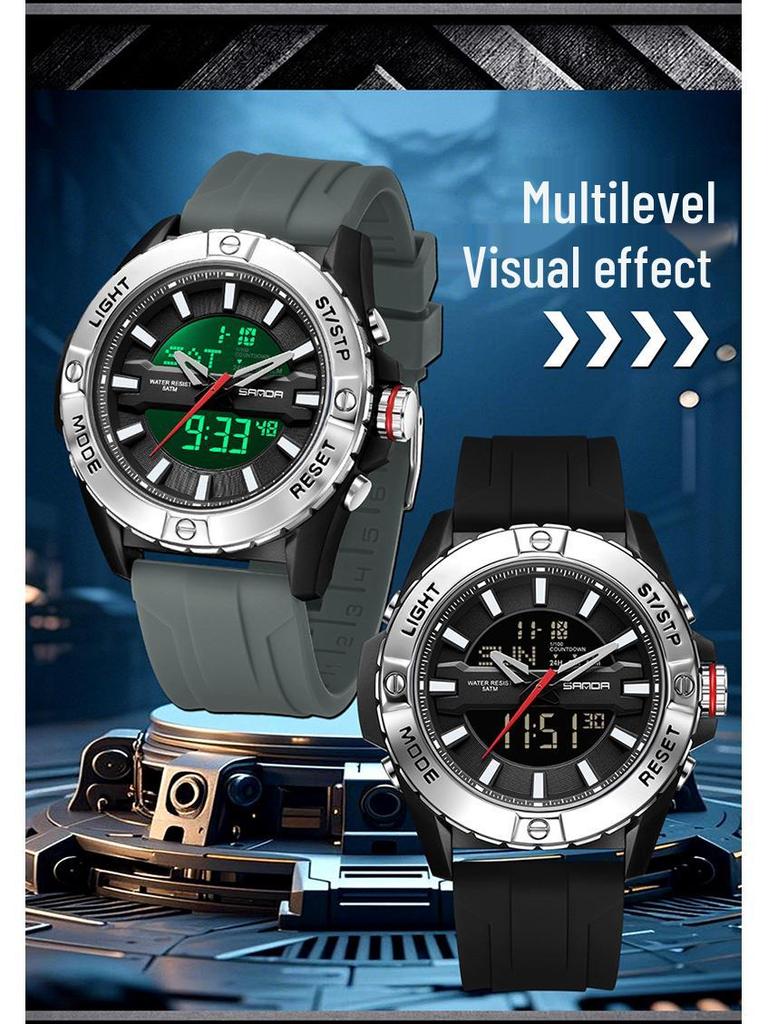 SANDA Multifunctional Outdoor Waterproof Watch with Three-Time Zone and Calendar Features for Students