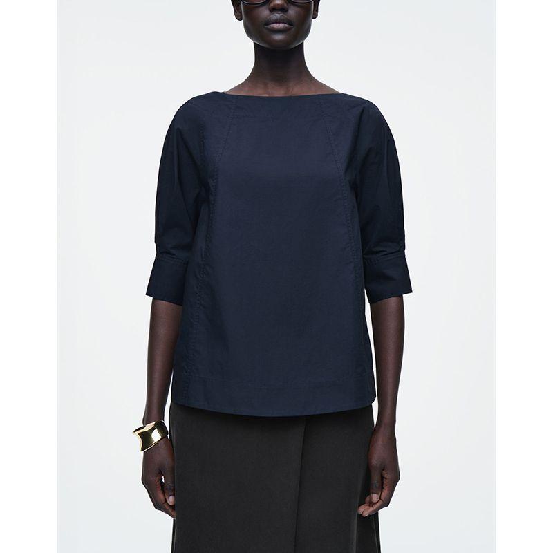 CS Summer New Product Women's Clothes Idle Style Curved Hem Standard Version Boat Collar Cotton Shirt 1274060