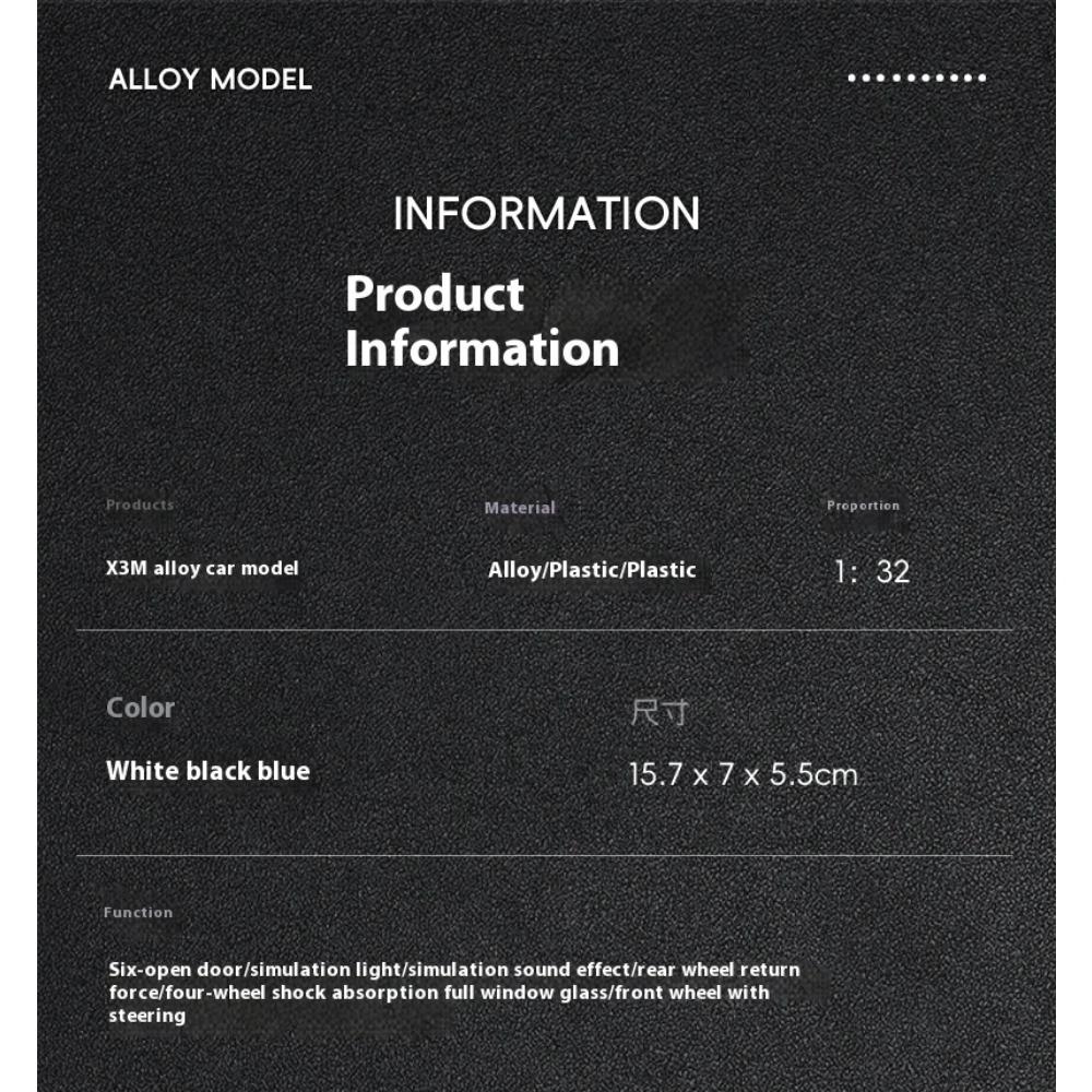 1/32 BMW X3M Legeringsmodellbil, med Lyd- og Lysfunksjoner, Interiørdekorasjon Samlepynt, Gaver til Bilentusiaster