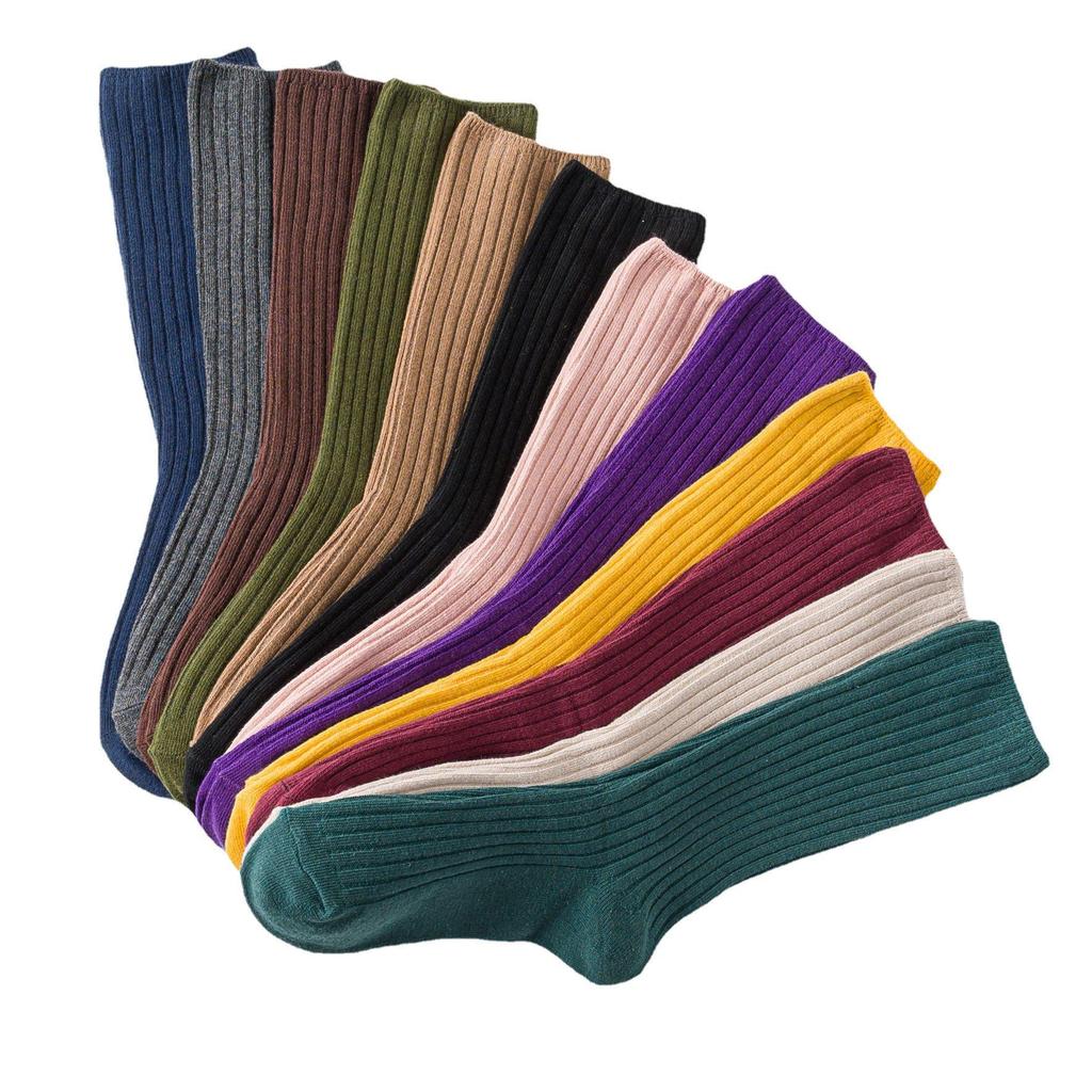 Autumn & Winter Women's Ribbed Cotton Mid-Calf Socks - Japanese Style, Solid Color, Double Needle.