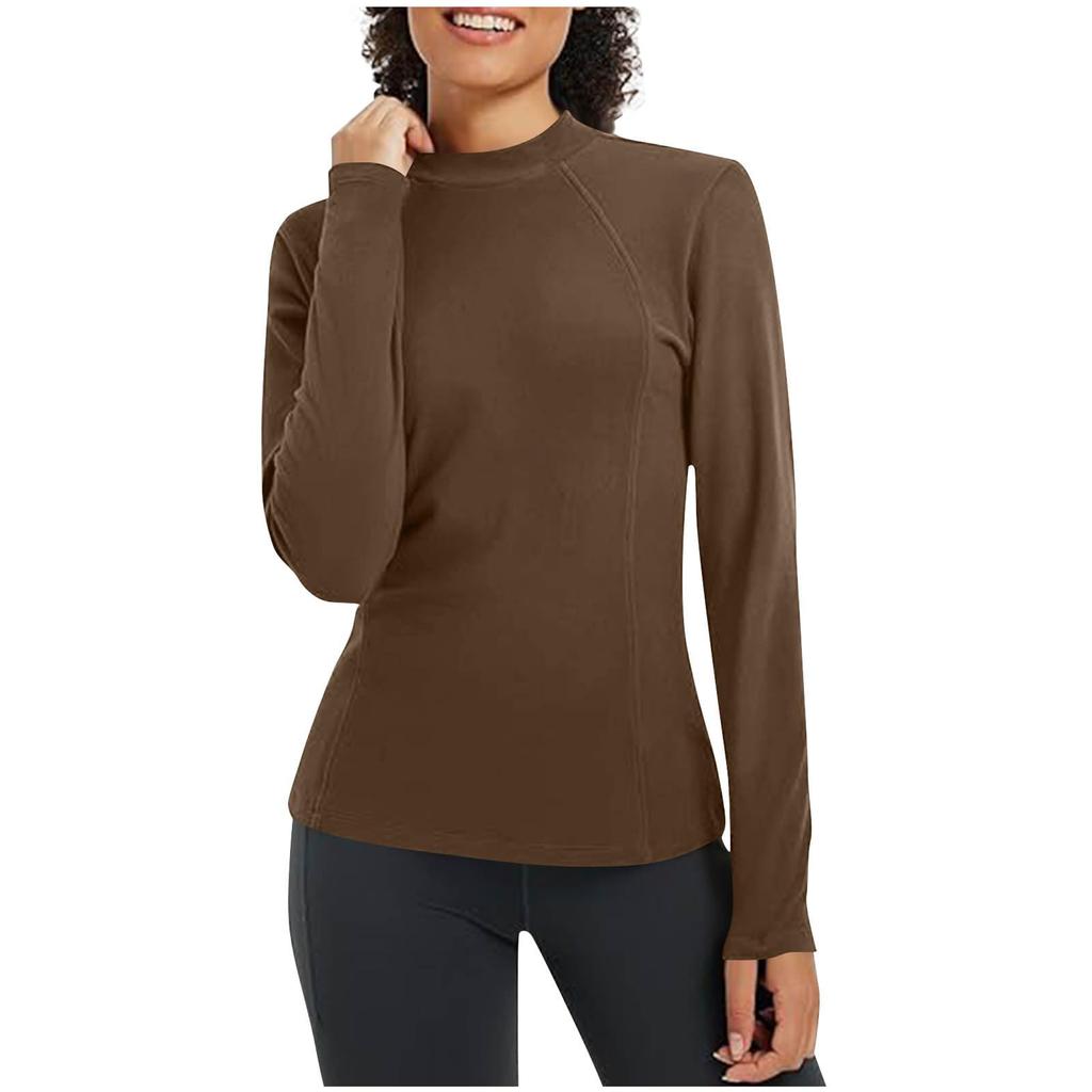 Ladies' Casual And Fashionable Solid Color Round Neck With Warm Long Sleeved T-shirt Top
