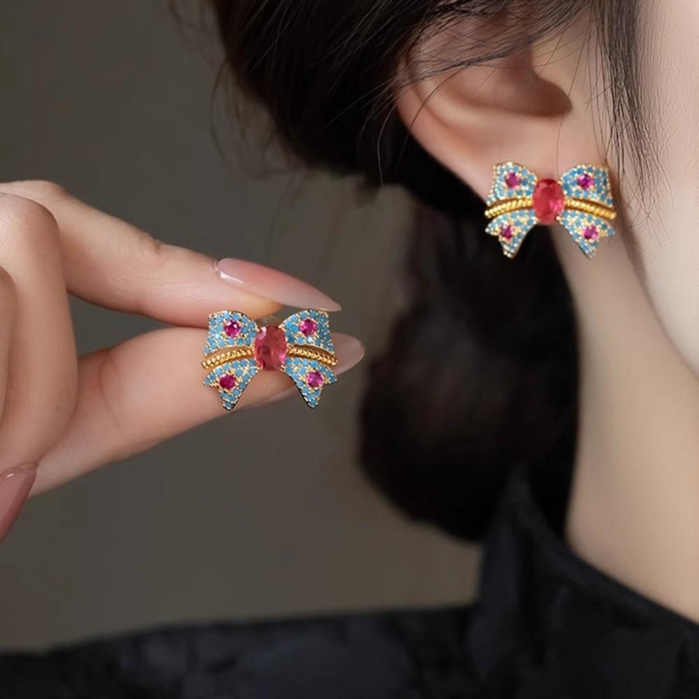 Zircon Korean Style Stud Earrings Blue Pink Bowknot Ear Studs Crystal Bow Earrings  Party