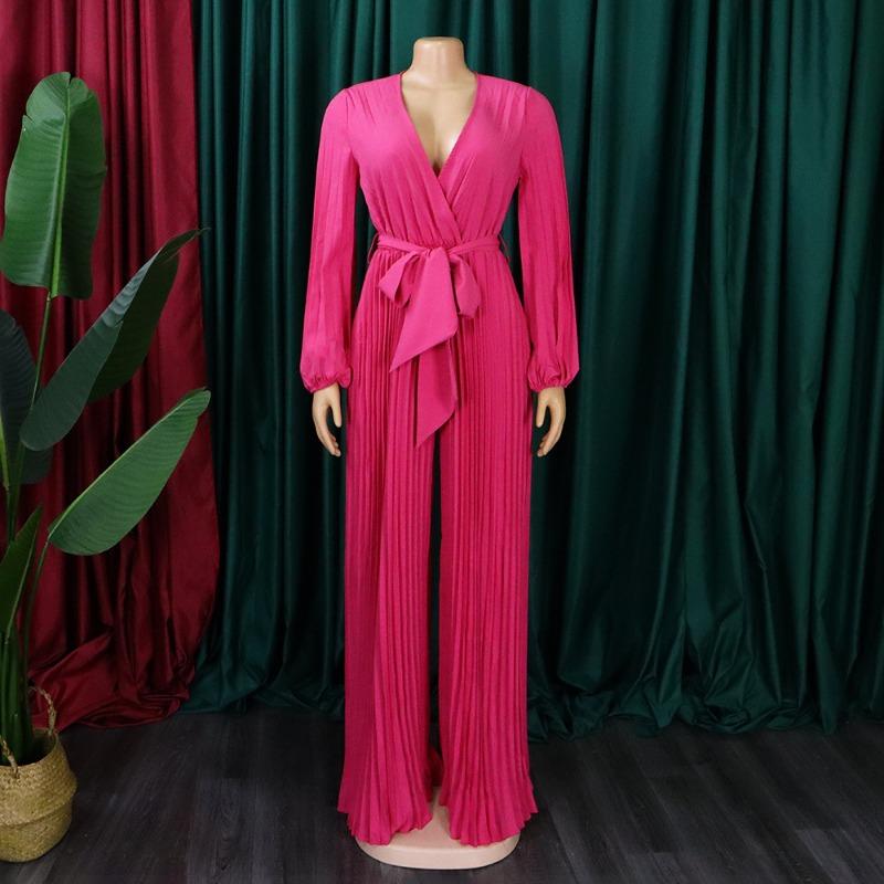Chic and Comfortable European and American Style V-neck Tie-back Pressed Pleated Plus Size Jumpsuit for Women In Summer