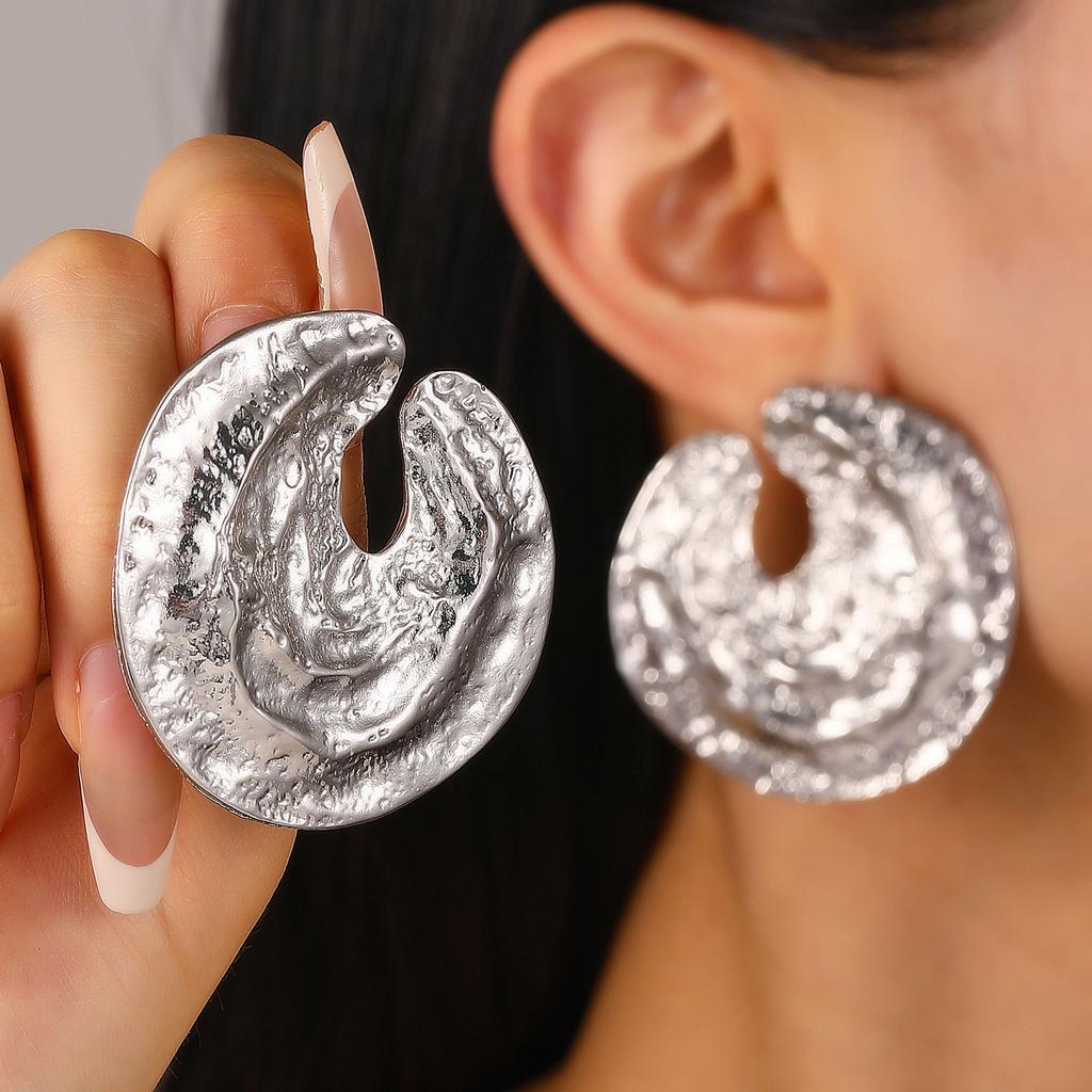 Exaggerated Gold Color Heart Oval Earrings For Women Metal Earing Jewelry Trending Irregular Wrinkled Geometric Earrings