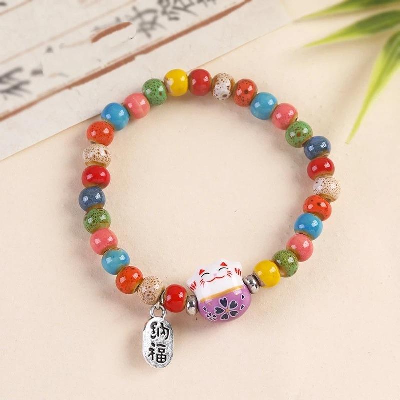 Sød Heldige Kat Armbånd Til Piger Justerbart Farverigt Perlebesat Harajuku Keramisk Kat Vedhæng Charms Smykker