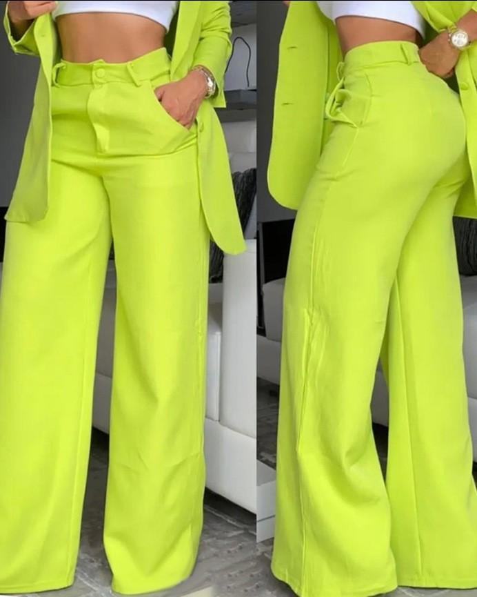 Women's Solid Color Split Sleeve Lapel Suit Straight Pants Suit