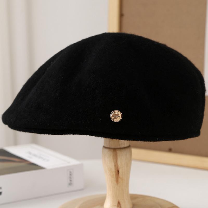 Autumn and Winter Literary and Artistic Versatility, Big Head Circumference Shows the Face, Small Clouds, Wool, Solid Color Peaked Cap, Octagonal Hat