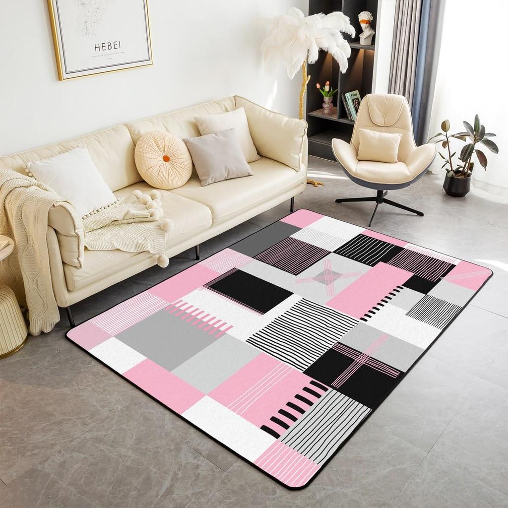 Modern Abstract Curve Print Area Rug, Black Pink & White Design Non-Slip Floor Mat for Living Room Bedroom Home Decor Carpet