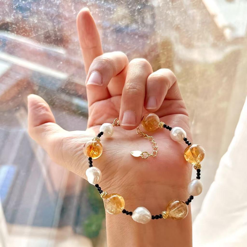 Retro High Quality Natural Freshwater Pearl Citrine Contrasting Color Design Bracelet