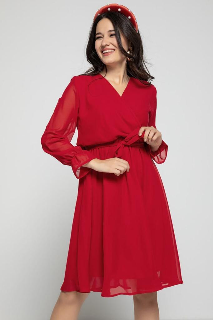 Women's Big Size Dress Red Double Breasted Neck Short Lined Plus Size Chiffon Dress