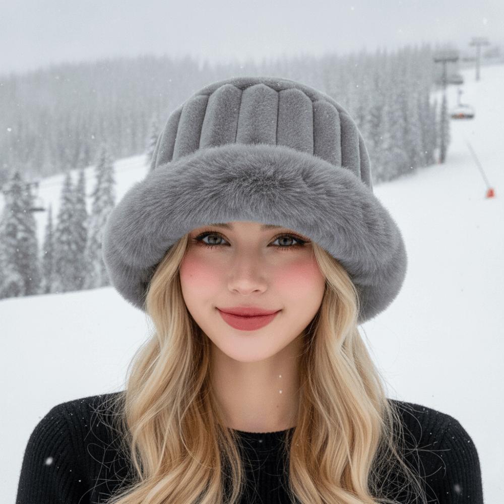 Faux Fur Brim Puffy Bucket Cap Vertical Texture Plush Trapper Hats Fluffy Winter Bonnet Students