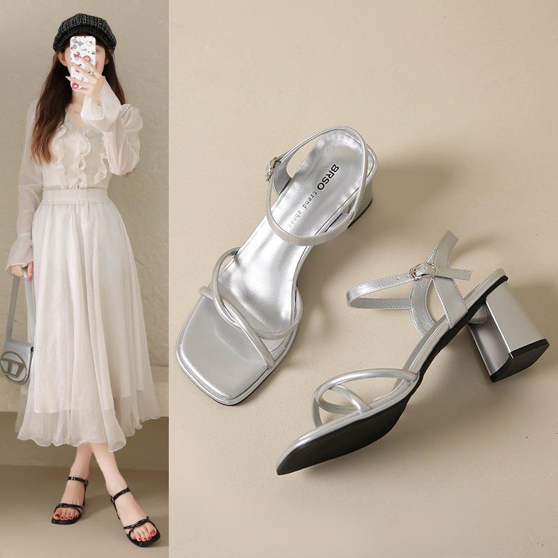 Square Head Thick Heel Sandals Women's Summer New Simple Skirt Cross Strap High Heels