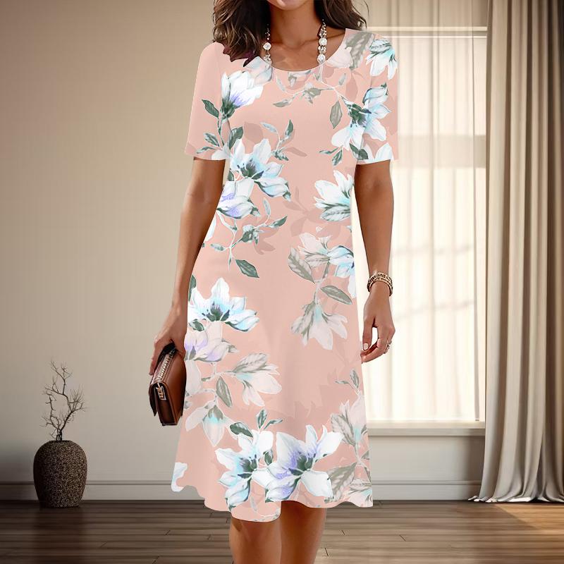 

Женская мода изящный цветочный принт лето весна короткий рукав О-образный вырез повседневные платья 2XL оранжевый