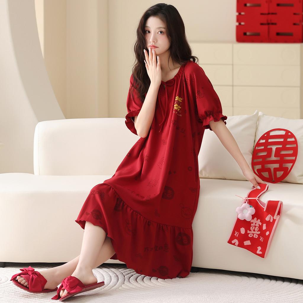 Red Wedding Couple Pajamas Women's Summer Short-sleeved Pure Cotton Pajamas Cute Natal Year Wedding Loungewear Men's Suit