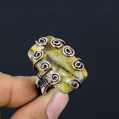 Anillo de Gema de Jaspe Abeja Natural Envuelto a Mano con Alambre de Cobre Talla 9 H3p59