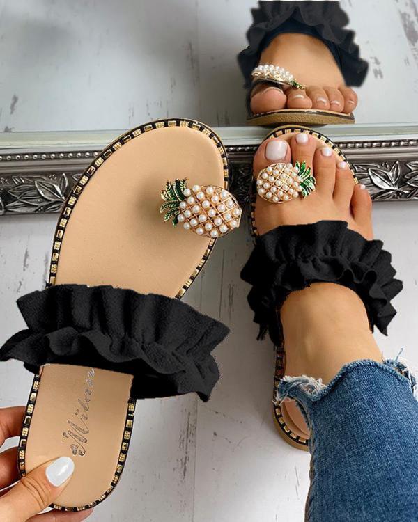 

Fashion Large size sandals 2025 summer new cute rhinestone pineapple toe slippers sweet lace flat shoes 35 чорний