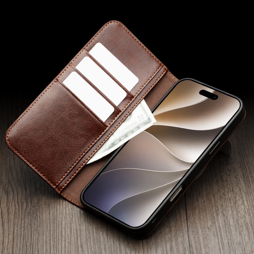 For IPhone 18 Pro / 18 Pro Max Retro Genuine Leather Flip Case with Stand & Built-in Card Holder Handmade Cowhide Business Cover