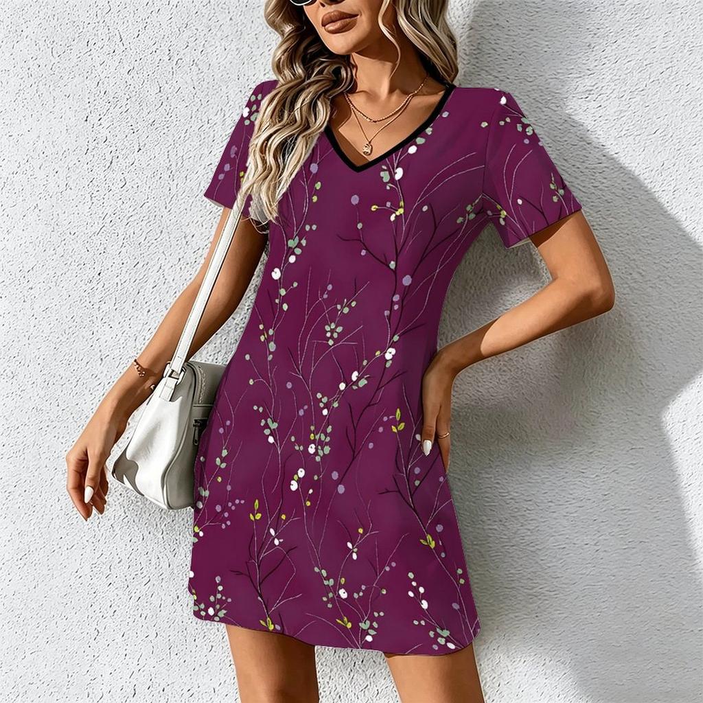 Summer Fashion Women's V Neck Low Saturation Printing Printed Dress Sex Short Skirt Dresses
