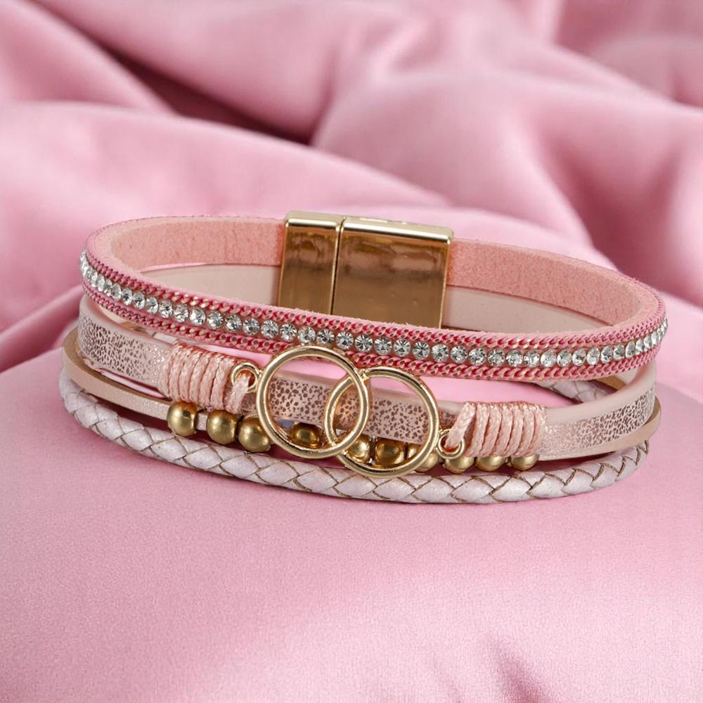 Bransoletka damska boho różowa eko skóra 19,5 cm złote detale