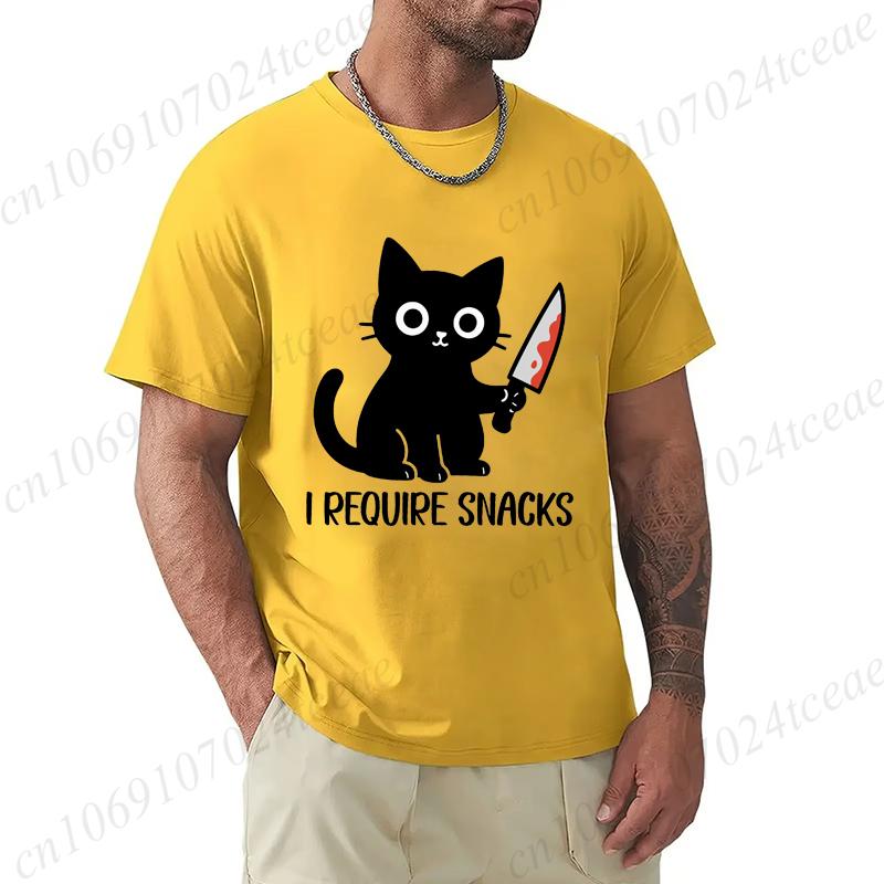Summer Men's Tee T-shirt Clothes I Require Snacks Black Cat Print T-Shirts Clothing Funny Meme Animal Lover Tops Tees Clothes