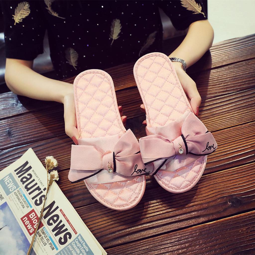 Elegant Korean Silk Bow Slippers - Handmade Satin Flats for Women