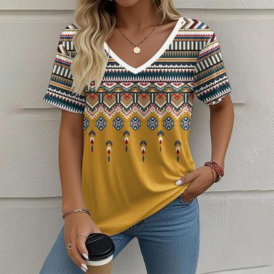 Women's T-Shirt Geometric Print Ethnic Style Fashion Casual Oversized V-Neck Tees Tops Summer Women's Clothing Pullover