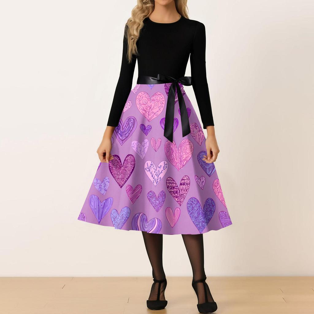 Women's Casual Fashion Round Neck Valentine's Day Printed Retro Dress