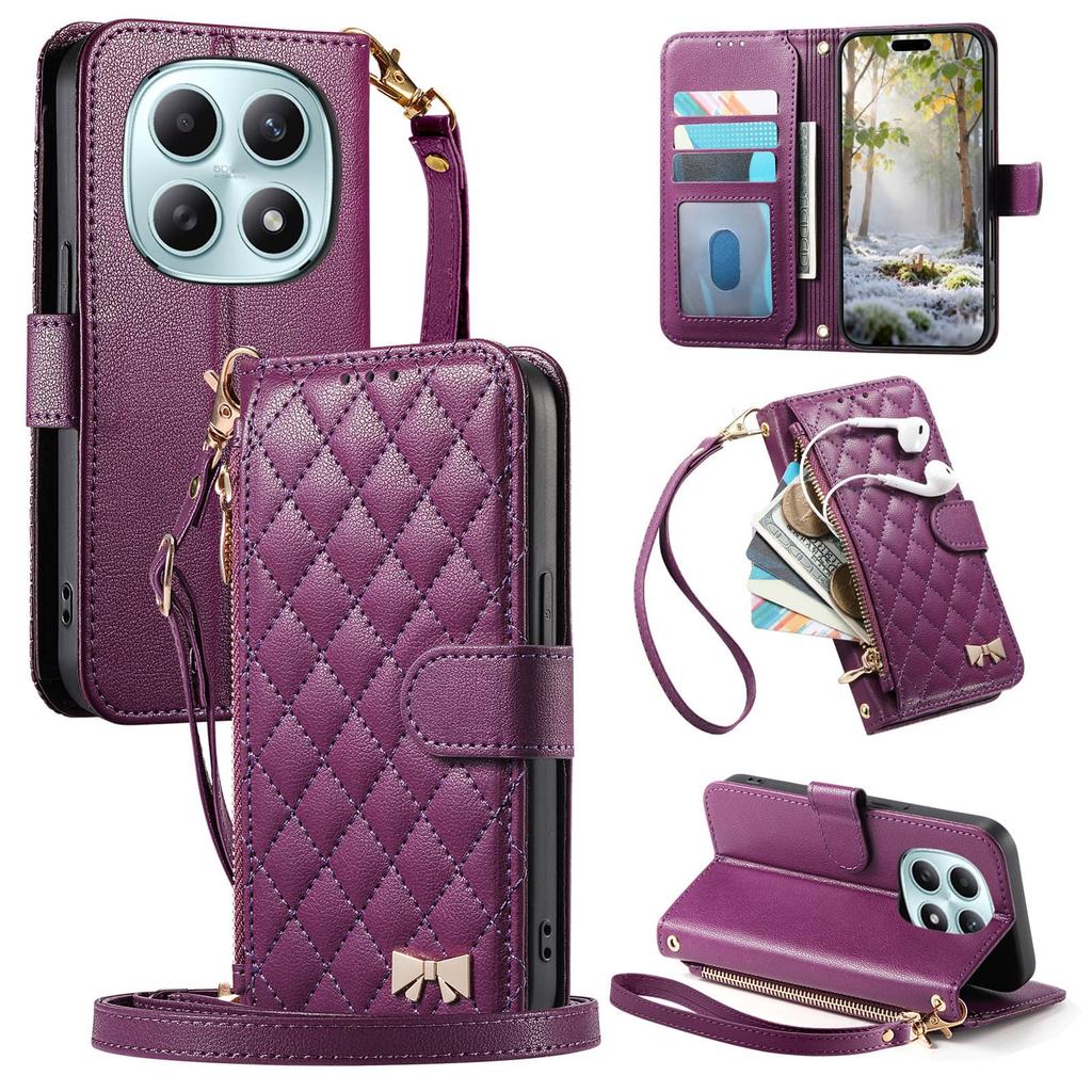 For Redmi 13 14C 15 Note 10 JE 12 Turbo 13 14 15 Pro Plus 5G Crossbody Wallet Case, Quilted Zip Pocket Card Holder Flip Cover