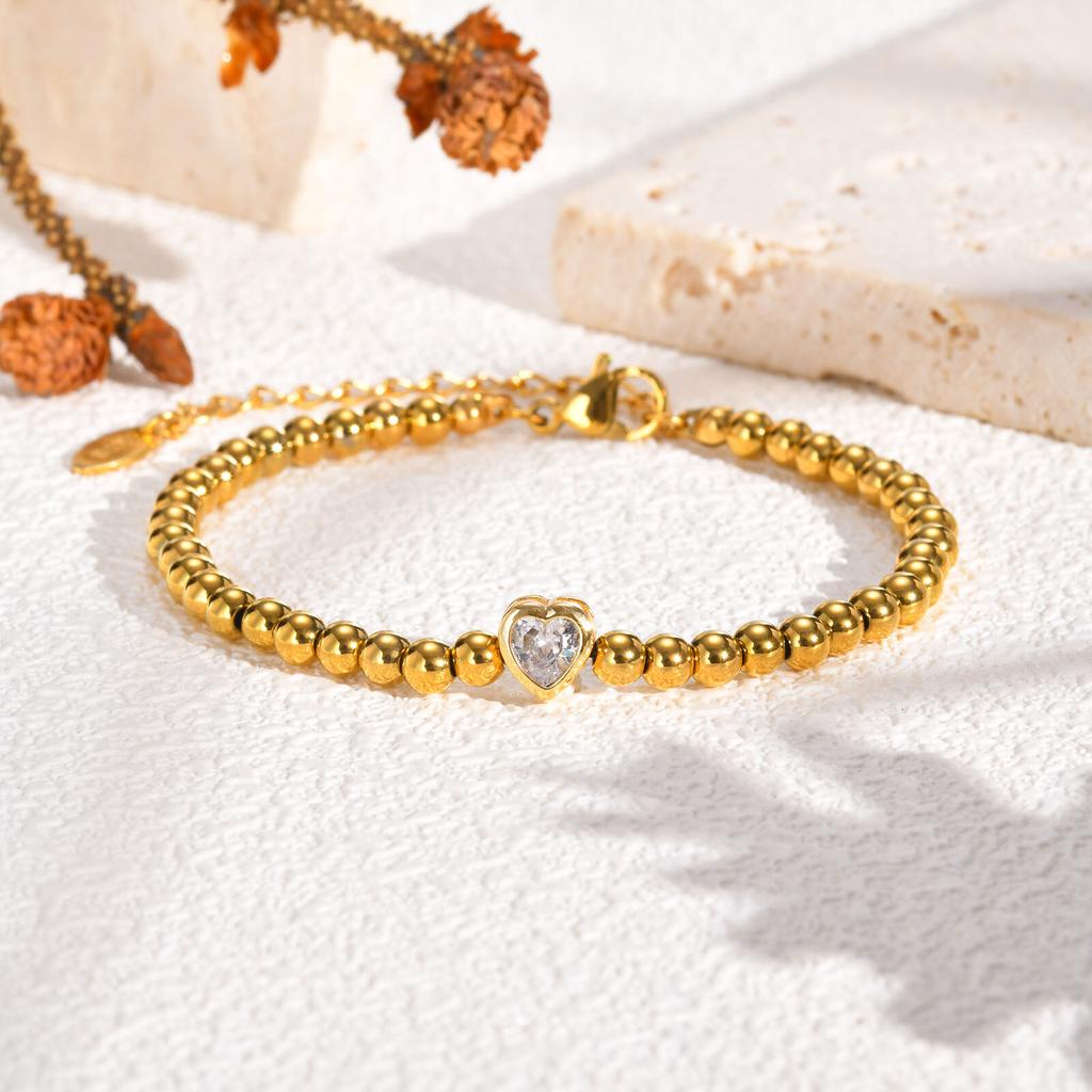 Zirconia Heart Bracelet for Women, Beaded Strand Link Bangle Gold Plated, Stainless Steel Adjustable Bracelets