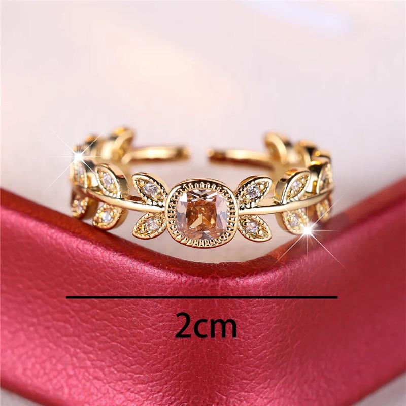 Cute Square Champagne Zircon Adjustable Rings For Women Yellow Gold Color Leaf Open Ring Wedding Jewelry Gift