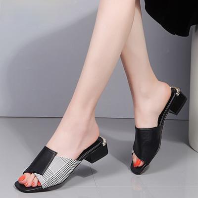 Designer Fischmaul-Sandalen Gemischte Farben PU-Leder Damen Hausschuhe Elegant Offene Zehen Flach Gestreift Rutschfest Hochhackige Pantoletten
