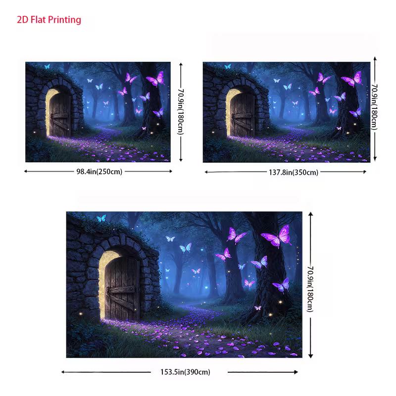 2D Enchanted Forest Backdrop Banner, Magic Door and Purple Butterflies Decor