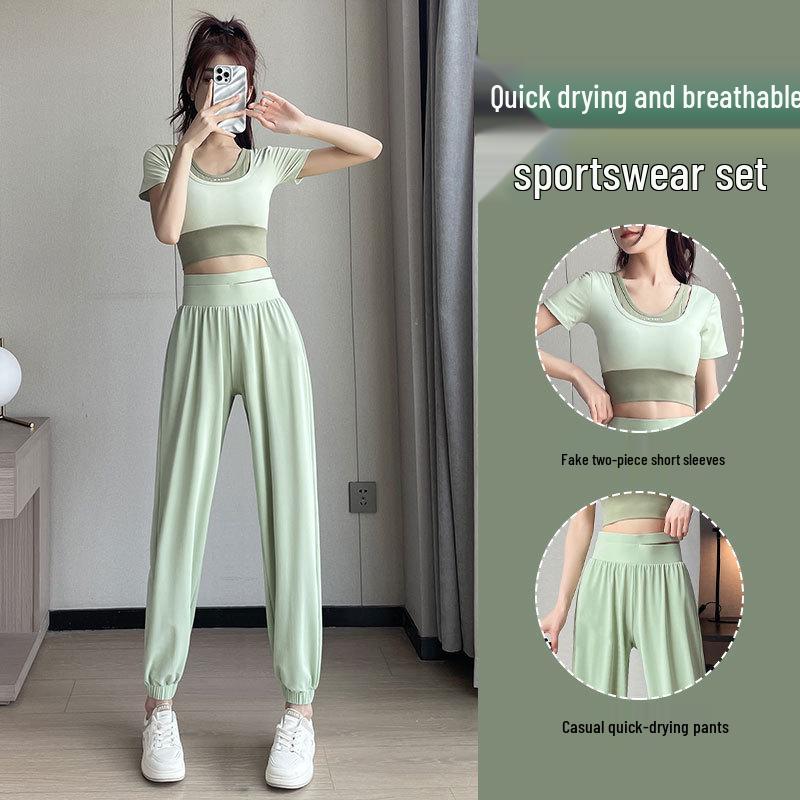 2025 Women's Quick-Dry Sportswear Set: Summer Gym & Yoga Suit with Casual Green Pants