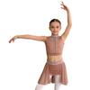 Children’s Sparkle Rhinestone Sleeveless Mock Neck Top Keyhole Back and Ruched Irregular Skirt for Dance Show Practice