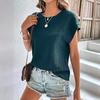 Ladies Summer Short Sleeve O Neck Solid Color Jacquard Plaid Pullover T Shirt Top