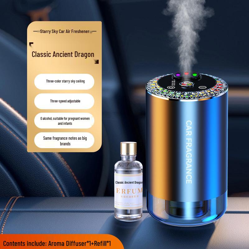Starry Sky Automatic Car Aroma Diffuser: 3-Color Deodorizing Spray with Ambient Roof Lighting.